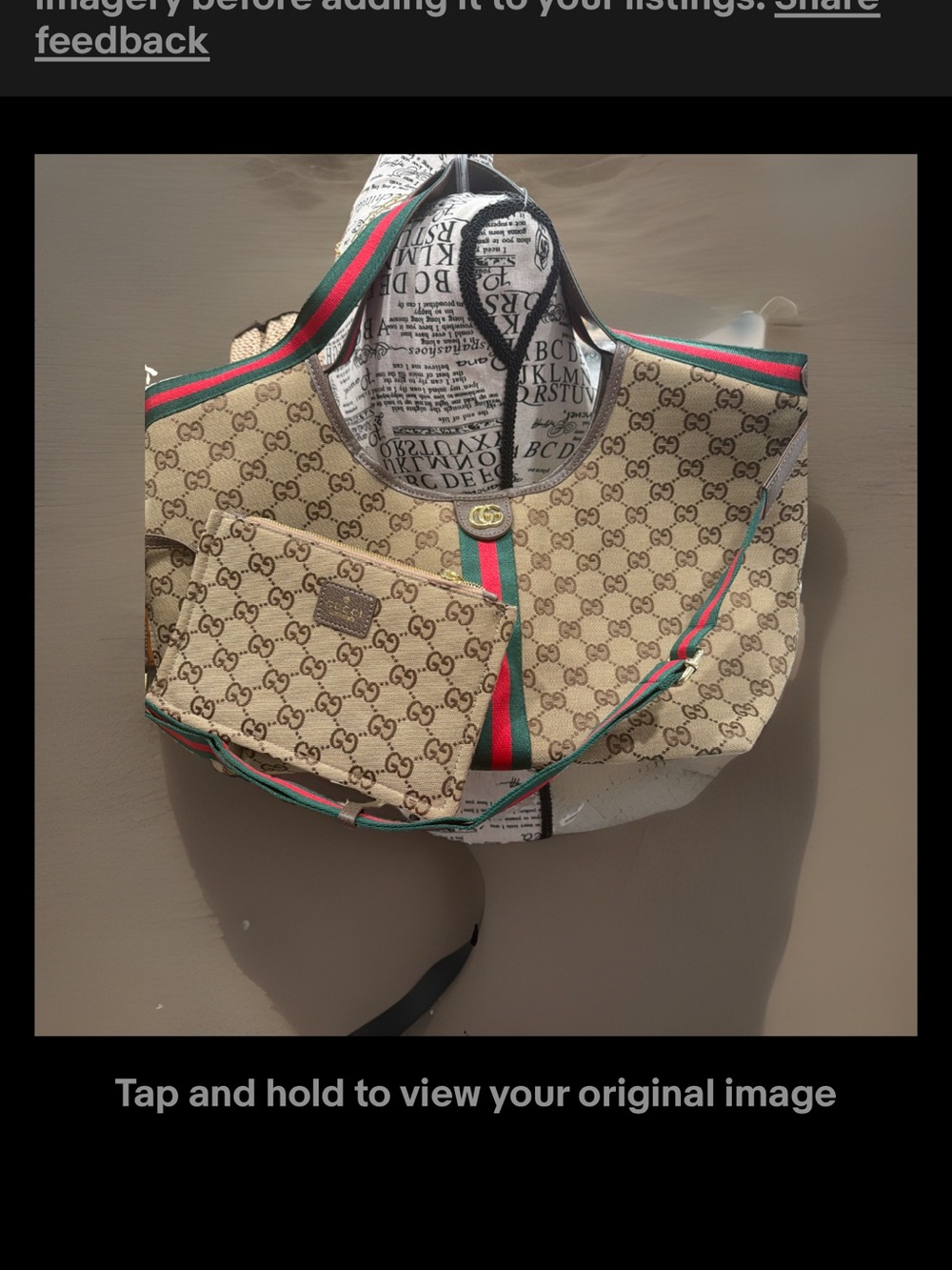 Beige Supreme Canvas Tote with Green and Red Stripe Accent
